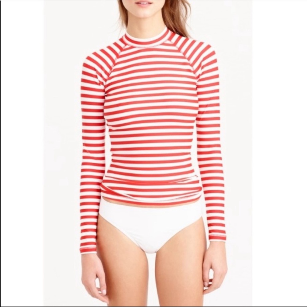 J. Crew Long Sleeve Rash Guard Mixed Stripe Zip Up Back Pullover White Pink S